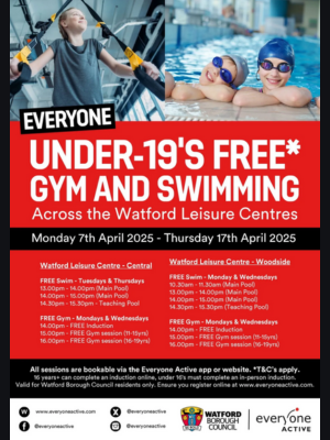 Free under 19s swimming at Watford Leisure Centres in April 2025